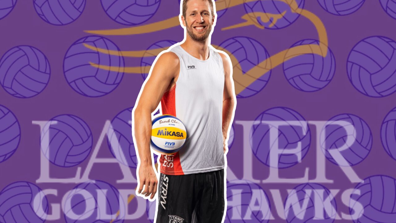 Laurier Alumni Sam Schachter holding a volleyball, set in front of a Laurier Golden Haws symbol