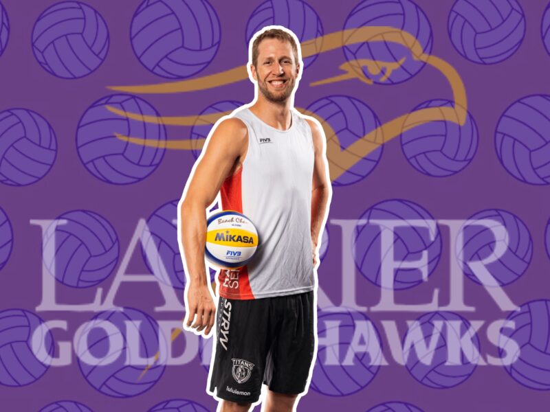 Laurier Alumni Sam Schachter holding a volleyball, set in front of a Laurier Golden Haws symbol