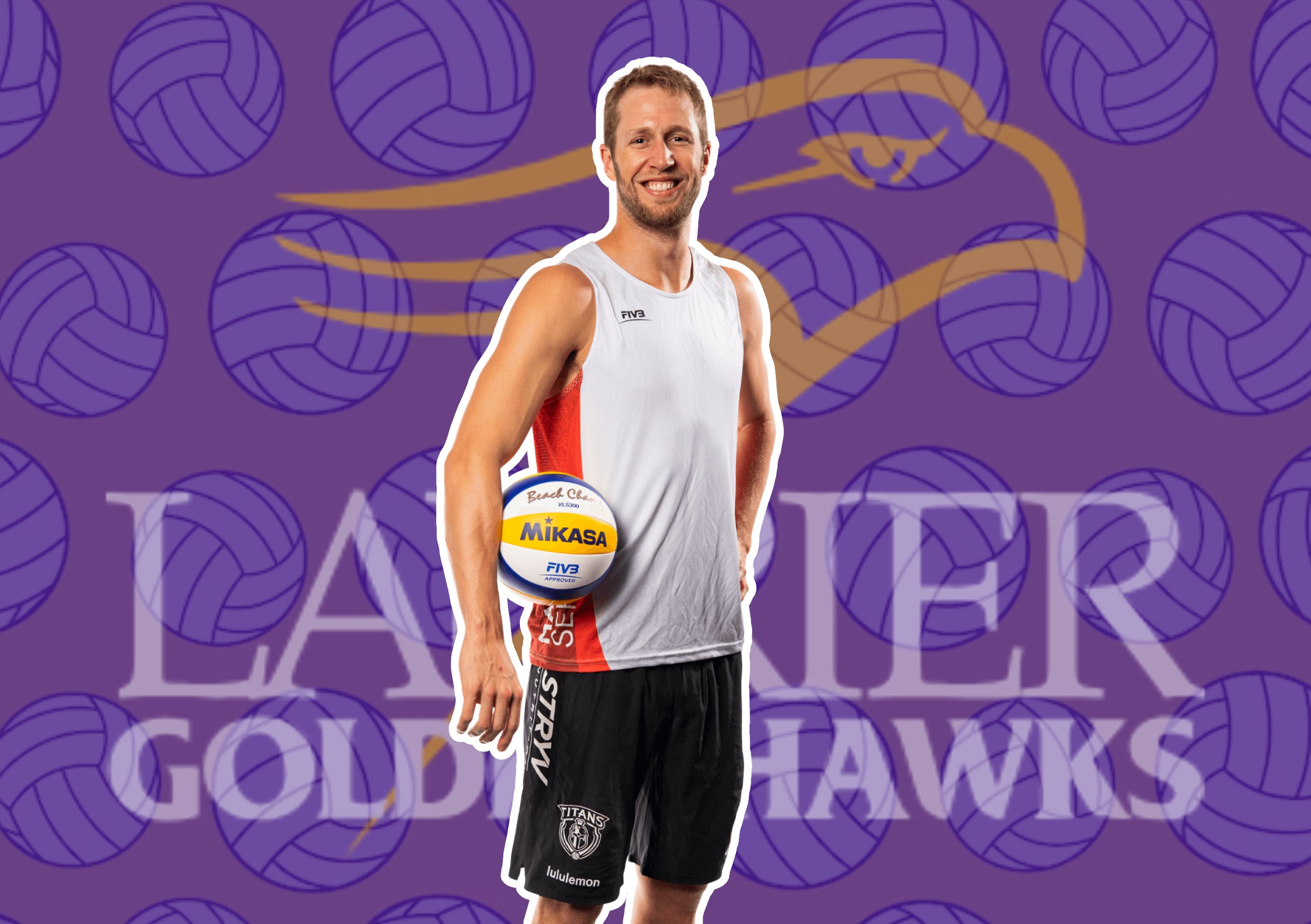 Laurier Alumni Sam Schachter holding a volleyball, set in front of a Laurier Golden Haws symbol