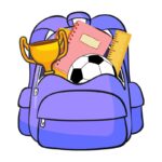 Graphic of a backpack with a trophy, soccer ball and notebooks in it